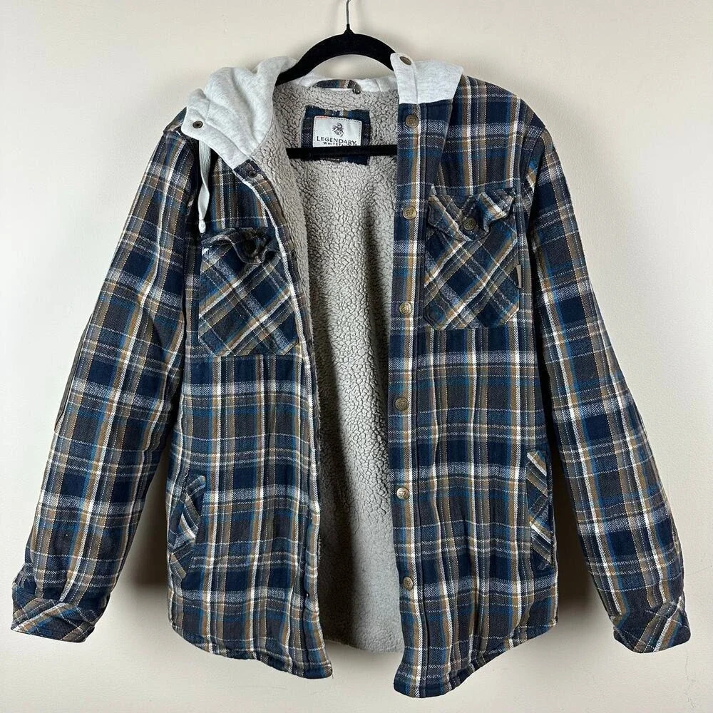 Legendary Whitetails MD Hooded Flannel Jacket Sherpa Lined Elbow Patch Workwear